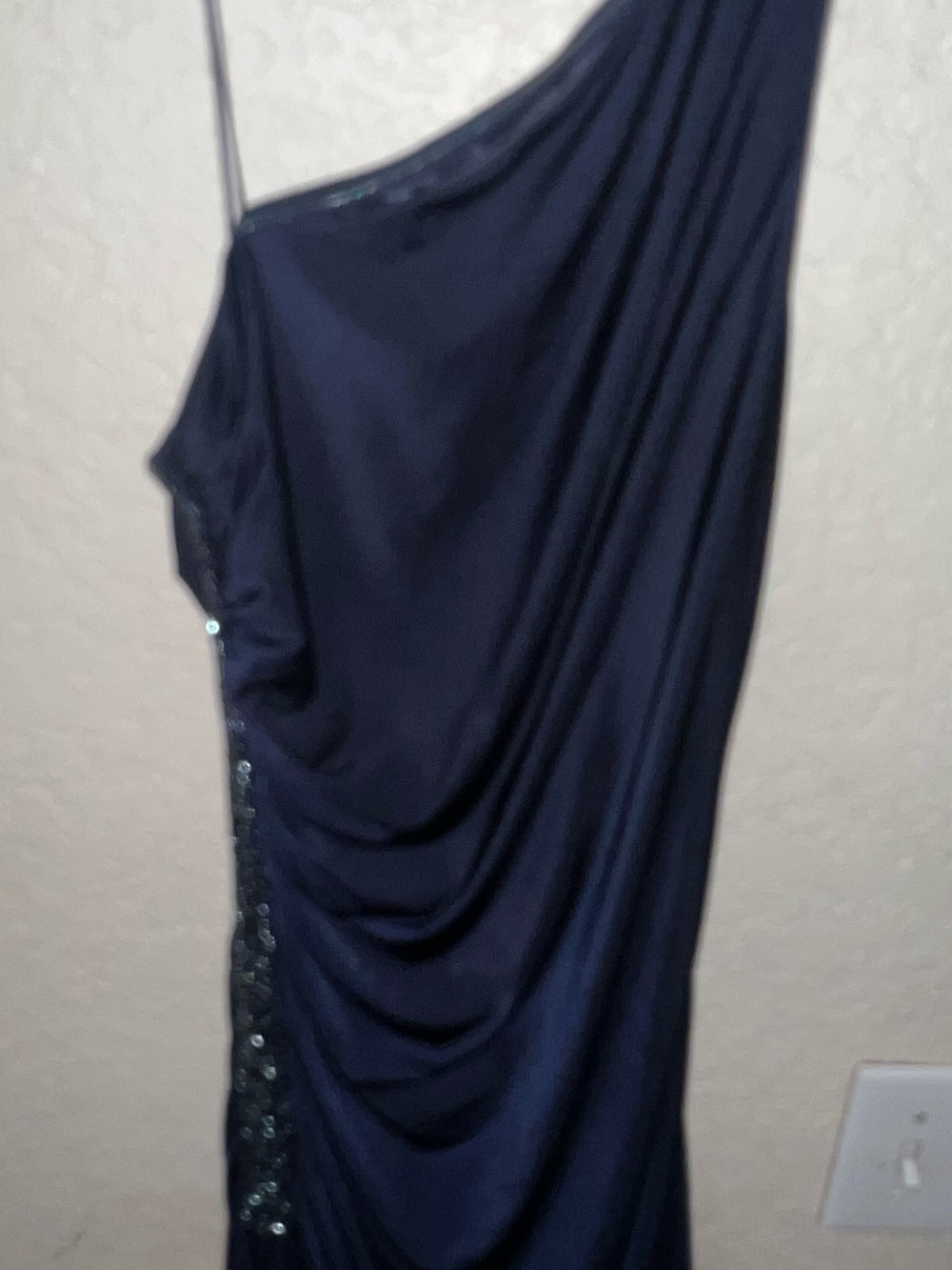 Adrianna Papell Navy One-Shoulder Draped Evening Gown with Sequin Trim- very sex